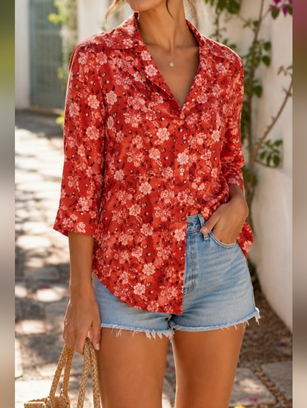 Style & Co Red Floral Button Front Blouse | Boho Cottagecore Lightweight Top